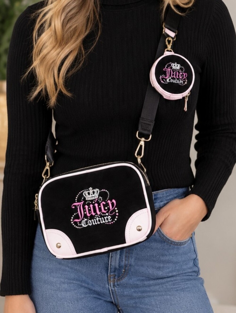Juicy Couture Black & Light Pink Crossbody with Coin Pouch